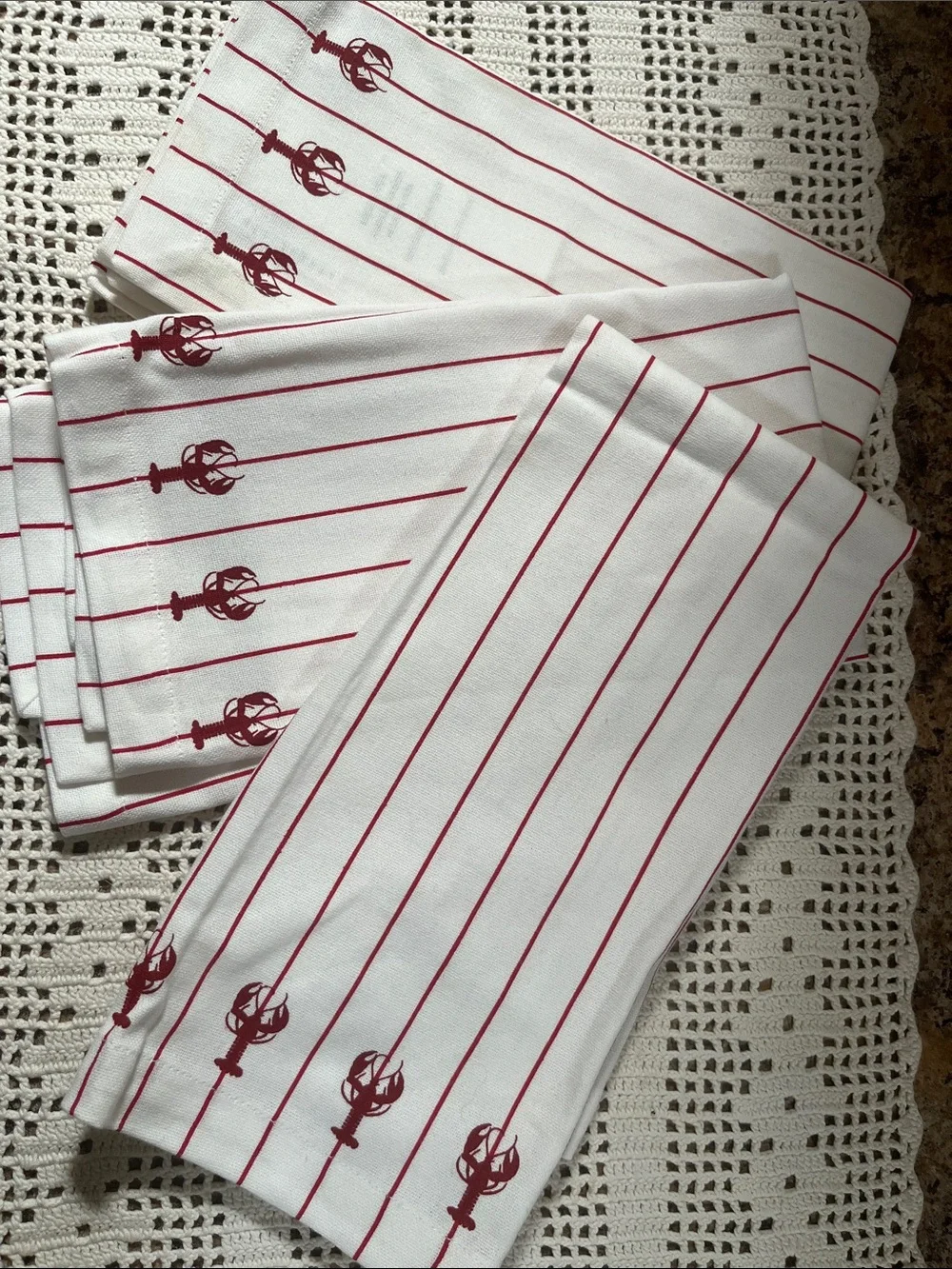 Lot of 3 Pottery Barn red white lobster tea towel New